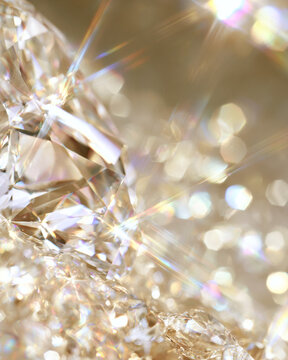 Abstract close-up of sparkling diamonds with brilliant reflections and luxury bokeh