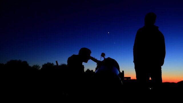Amateur astronomers observing stars, planets, Moon and other celestial objects with a telescope in nature.