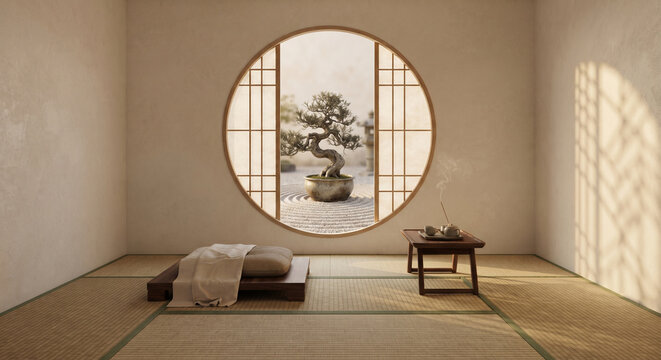 A tranquil 3D composition of a meditation nook within a high-end spa. The floor is covered in tatami mats, and a single, round shoji paper screen window