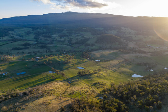 Aerial Drone View of Rolling Rural Hills, Pasture and Forested Australian Landscape