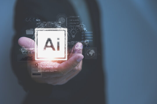 A businessman holds an open hand to showcase a glowing AI technology symbol. Biometric fingerprint and data network symbols emphasize high-tech security and information.