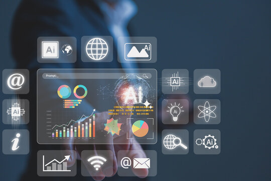 A business professional uses artificial intelligence dashboards to track and analyze company growth. A central circular graphic glows brightly with the text AI written inside a digital sphere.