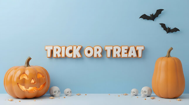 Festive halloween scene with pumpkins bats and trick or treat sign