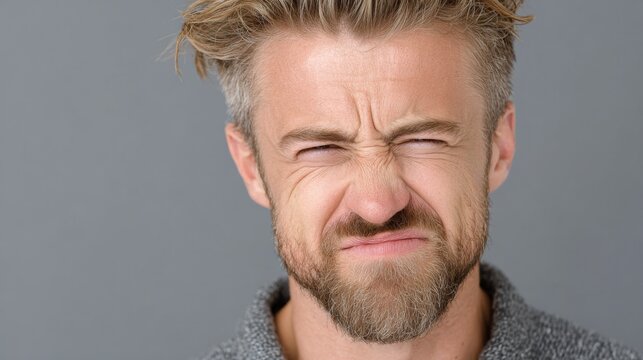 A close-up portrait of a man grimacing with a disgusted expression against a gray background.