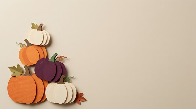 A flat lay arrangement of colorful paper craft pumpkins on a neutral beige background with copy space