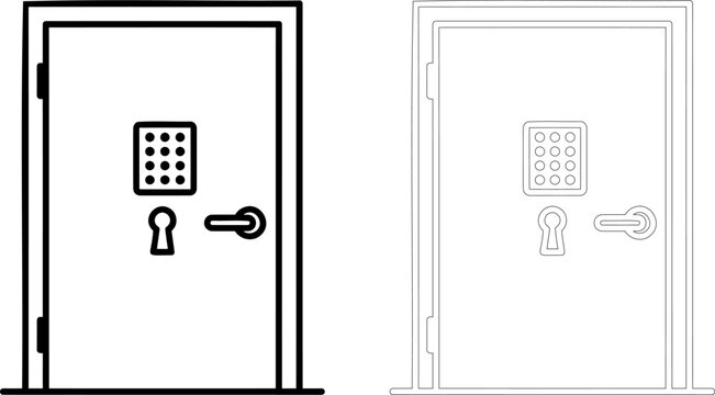 Simple line art icon of a secure door with a digital keypad and a keyhole lock