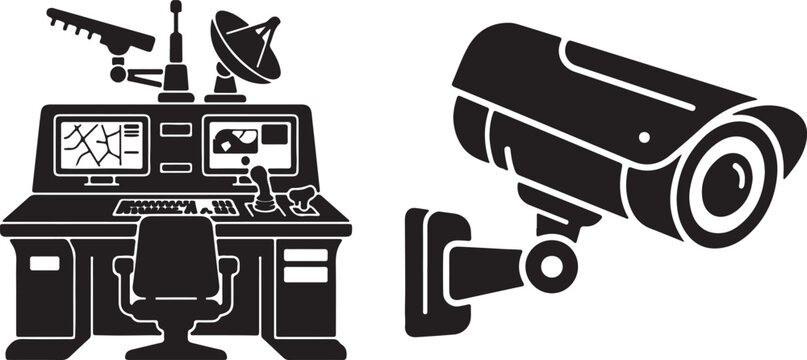 Security control room console and surveillance camera icons Keywords: security, control room, console, computer, monitors, keyboard, joystick