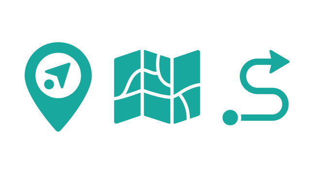 Navigation and location map pointer route icons set with location navigation destination direction wayfinding position cartography abstract interface
