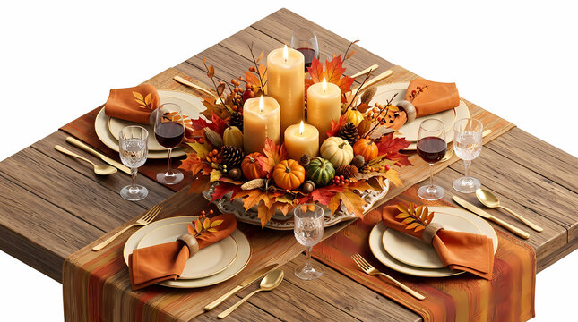 Elegant Autumn Thanksgiving Dining Table Setting with Decorative Candle Centerpiece and Fall Foliage Decor