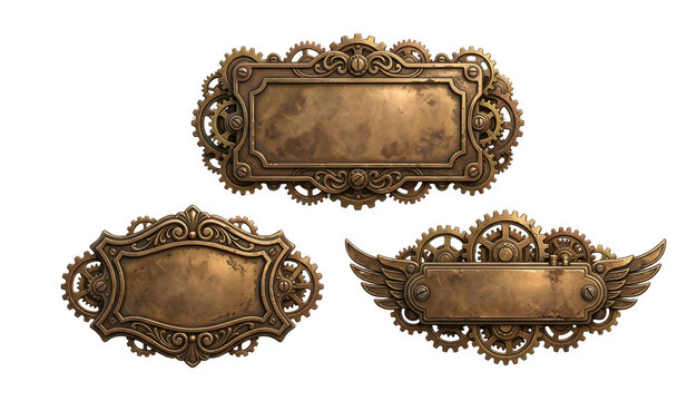 Vintage steampunk bronze banners featuring industrial gears and decorative mechanical elements