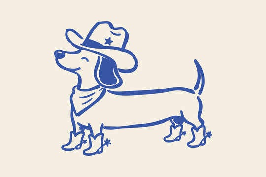 Dachshund Cowboy in Western Outfit Doodle Illustration