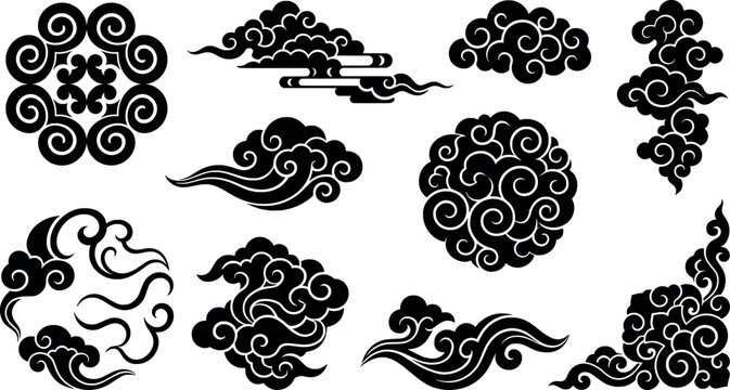 Set of traditional chinese cloud patterns and decorative elements for oriental design