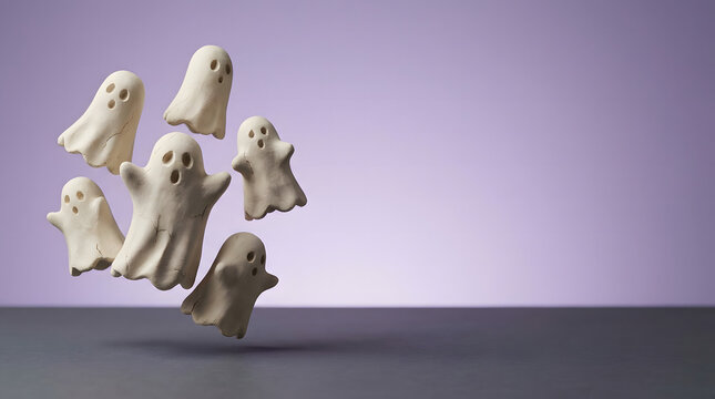 A group of friendly white ghosts floats against a lavender wall