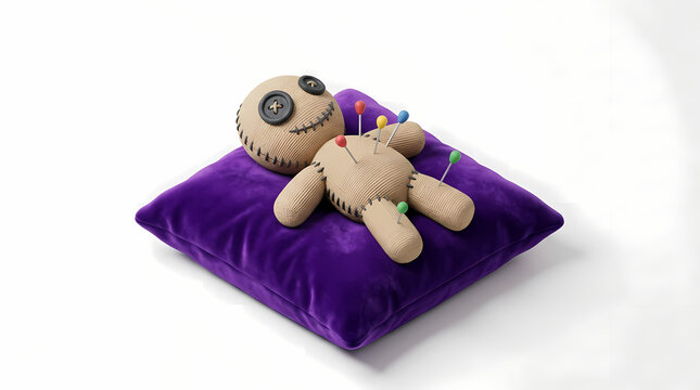 A creepy voodoo doll with pins stuck in it rests on a luxurious purple velvet cushion, isolated on a white background