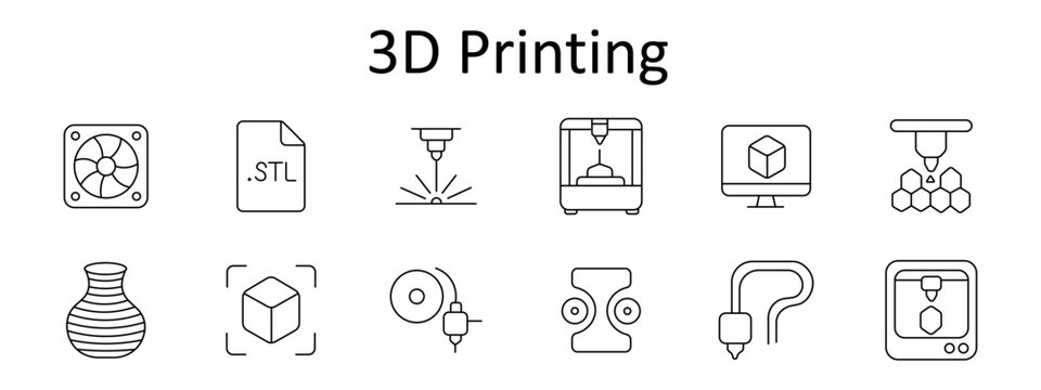 3D printing set icon. Cooling fan, STL file, laser nozzle, fabrication machine, digital model, additive manufacturing, ceramic vase, object scanner, spindle motor, filament roller, extrusion head