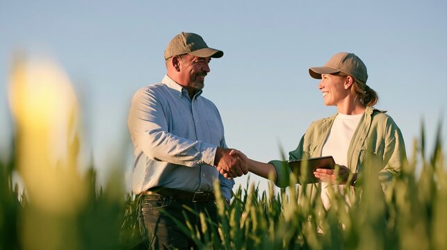 Agriculture and farming partners handshake in wheat field for business agreement