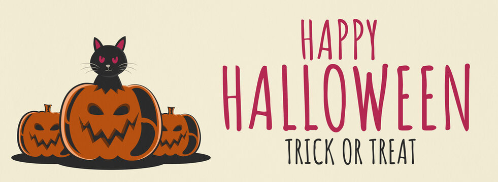 Wide retro Halloween banner with red-eyed black cat emerging from a carved pumpkin, jack o lanterns, and bold text on cream. Ideal for web headers and social covers.
