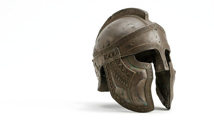 Fototapeta premium Old Military Helmet Isolated on White Background, Vintage Protective Headgear with Leather and Black Details for Army, War, Fashion, and Historical Concepts