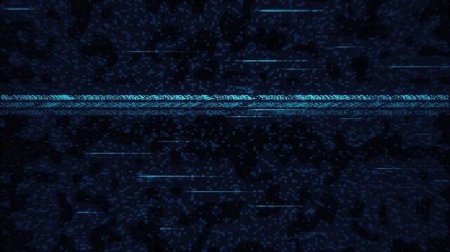 Corrupted digital screen texture with data moshing artifacts and displaced pixel rows. Blue abstract TV distortion background with signal noise, chromatic aberration and horizontal glitch stripes