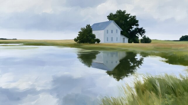Painting of a white house on the shore of a lake. the house is a two-story structure with a sloping roof and a chimney.