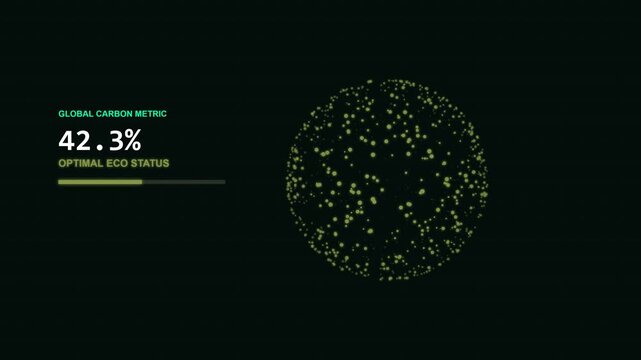 Global carbon metric data visualization animation displaying rising emission levels represented by a dynamic floating sphere of glowing digital particles