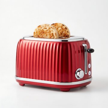 Red retro style toaster with toasted bread isolated on white background