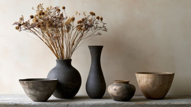 Group of five vases and bowls arranged on a wooden surface. the vases are of different sizes and shapes, with the largest one in the center and two smaller ones on either side.