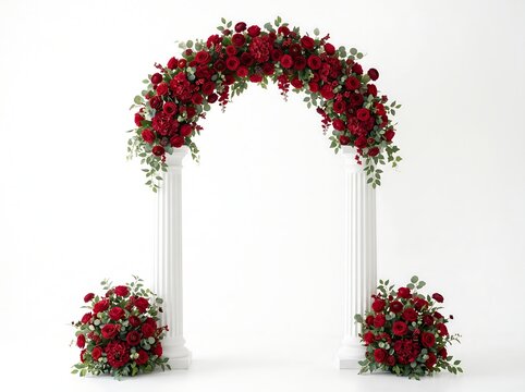 Wedding floral arch with red roses isolated on white background