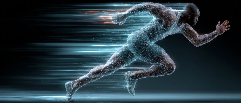 A digital wireframe runner sprinting forward with motion blur trails against a dark background.