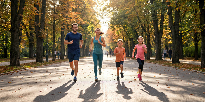 Parents and children run together along sunlit park road. Concept of running gear, family wellness and healthy lifestyle ads.