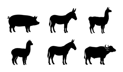 Naklejka premium Farm Animal Silhouettes: Pig, Donkey, Llama, Alpaca, Buffalo Vector Icons