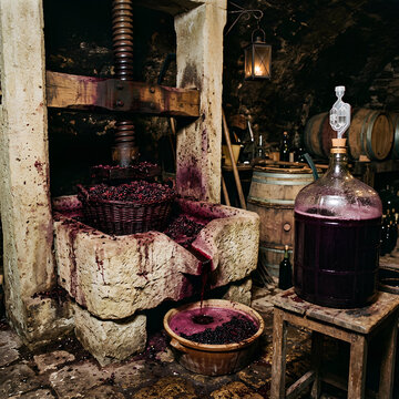Traditional Wine Pressing Grapes in Basket Juice Flowing into Vat Fermentation Carboy