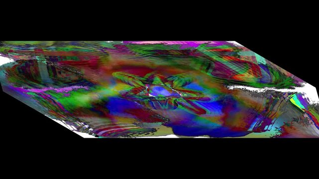 Un video loop di arte digitale psichedelica in prospettiva 3D, caratterizzato da un pattern astratto di colori saturi in continuo movimento ed evoluzione su sfondo nero