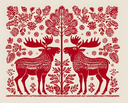 Red Nordic folk art paper cut design featuring two moose and pine trees for winter holiday card packaging print.