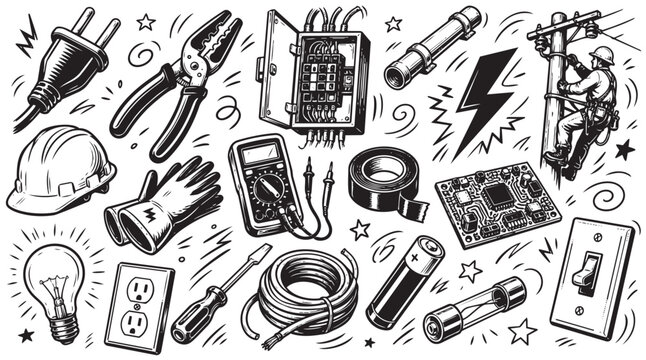 Comprehensive collection of electrical tools and components, including a lineman, circuit board, and lightbulb, rendered in a detailed black and white doodle style