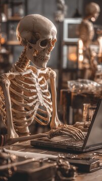 A realistic human skeleton sits at a desk typing on a laptop computer with a blurred laboratory background.