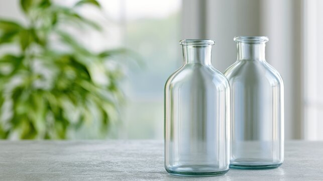 Two empty glass bottles on a grey countertop. the bottles are tall and slender with a round neck and a narrow base. they are made of clear glass and have a transparent body.