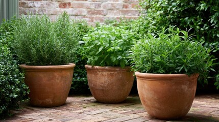 Fototapeta premium Three large terracotta pots with green plants in them. the pots are placed on a brick patio with a brick wall in the background.