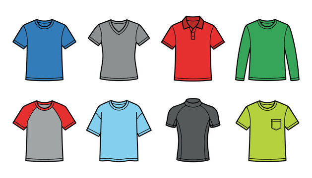 Men and Women T Shirt Apparel Vector Set Featuring Crew Neck V Neck Polo Long Sleeve Raglan Oversized Athletic and Pocket Tees