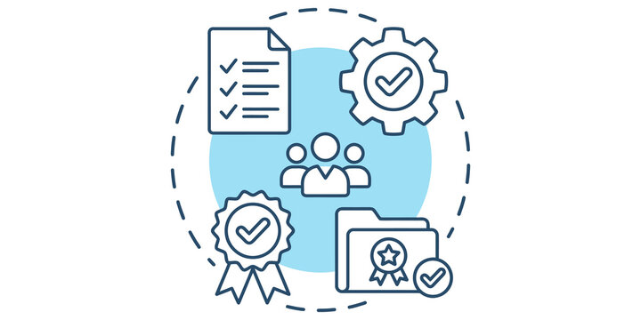 Business management concept illustration featuring people team and quality assurance icons for professional workflow systems.