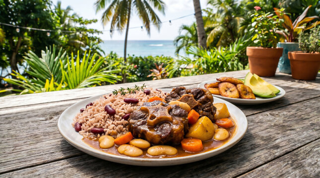 Hearty Oxtail Stew with Rice and Peas, Served with Fried Plantains