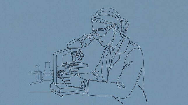 Female scientist uses an optical microscope for biological analysis in a line art laboratory setting.