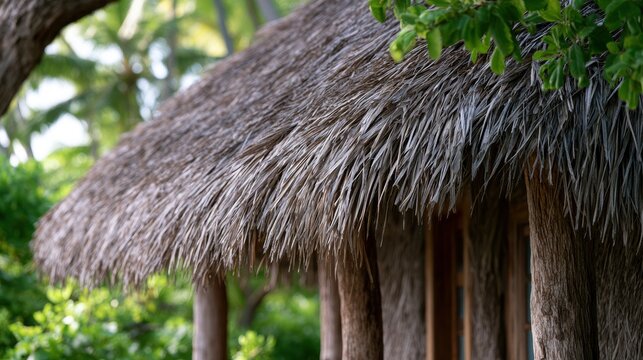 Close-up of a thatched roof of a hut. the roof is made of thatched straw and is supported by wooden poles.