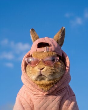 Fashionable brown rabbit wearing pink hoodie sunglasses and backward cap against blue sky