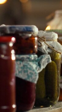 Man in a dim cellar pulls a jar of organic pickles from a wooden shelf, the jar and surrounding food items clearly visible, featuring a homemade preservation process in a traditional kitchen setting