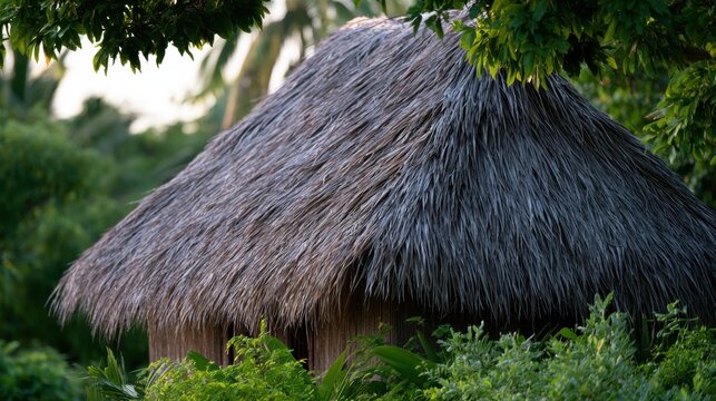 Small hut with a thatched roof in the middle of a lush green forest. the hut is made of thatched straw and is surrounded by trees and bushes.