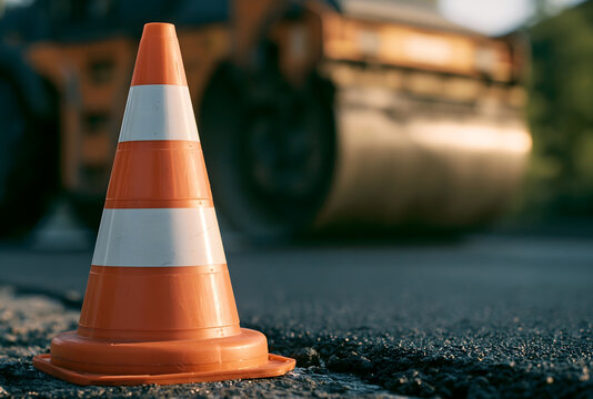 Orange traffic cone close up on fresh asphalt road during construction works, blurred heavy steam roller compactor machinery background, safety first concept, generative AI