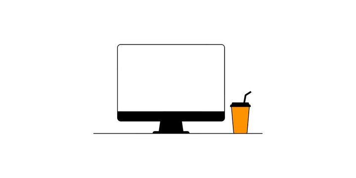Computer monitor screen with orange coffee cup on desk for minimalist workspace visualization and office setup mockups.