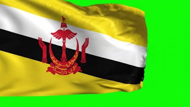 Brunei Flag Waving on Green Screen, Chroma Key Background