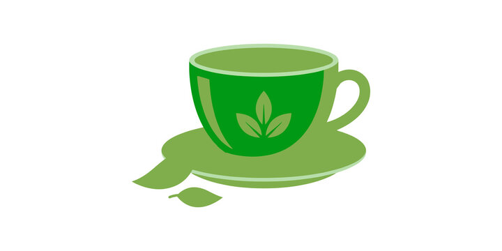 Green tea cup on saucer with leaf emblem for healthy herbal beverage cafe menus organic drinks and wellness lifestyle themes.